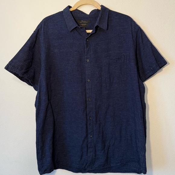 Marc Anthony Slim Fit Linen Cotton Blend Short Sleeve Button Down Shirt Navy - Picture 1 of 4